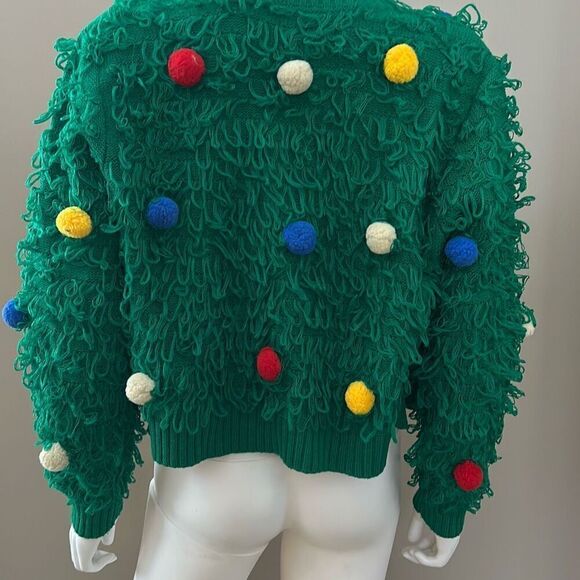 Mighty Fine Green Christmas Cardigan Sweater with loops and Pom poms - Picture 6 of 9